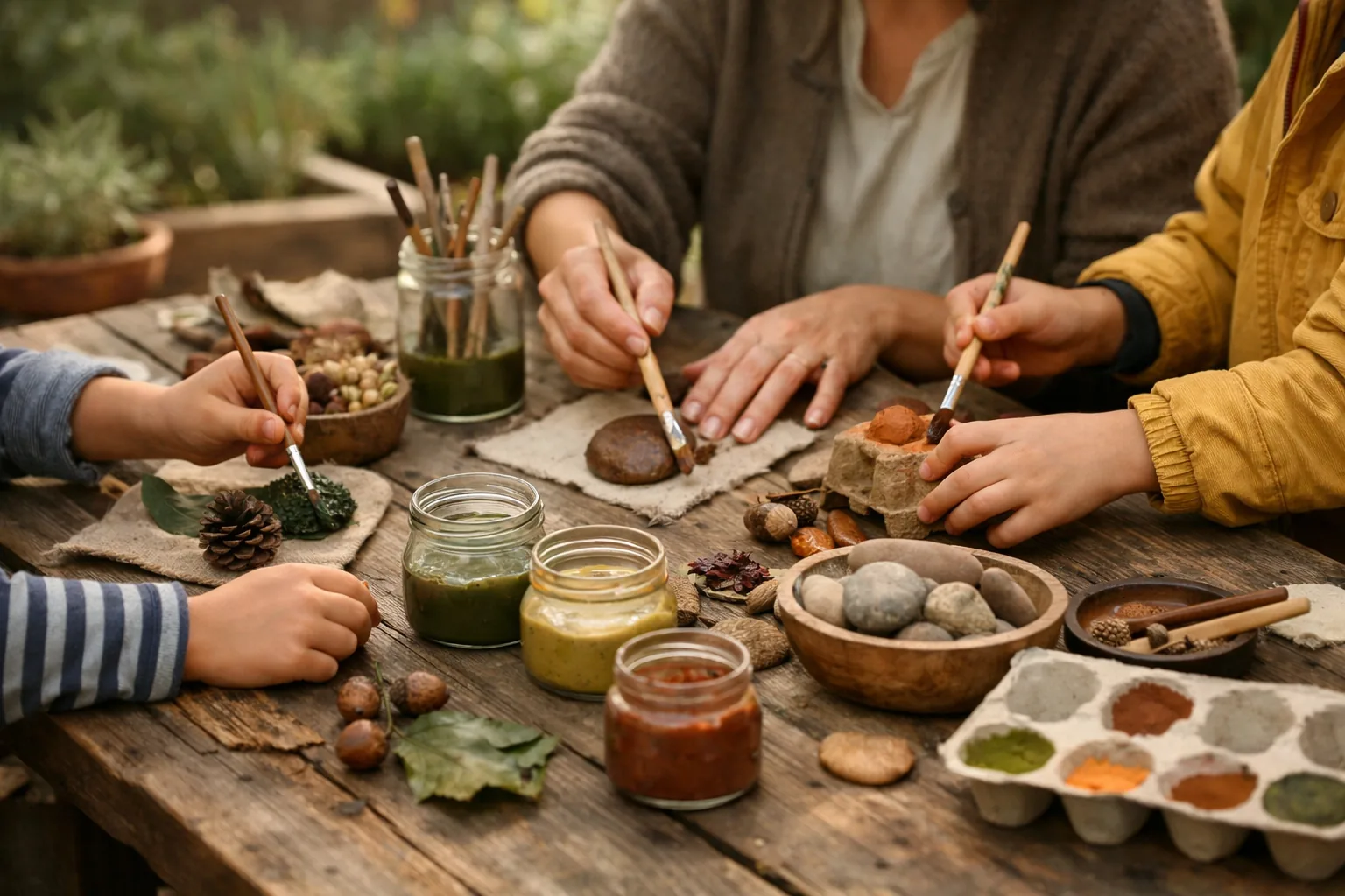 Manos de niñas, niños y una persona adulta creando con elementos naturales sobre una mesa